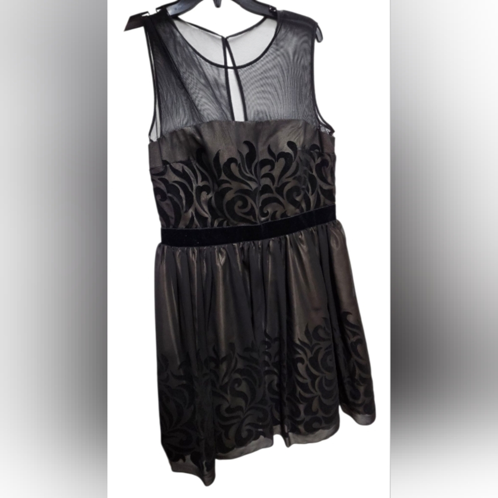 Sheer yoke velvet flocked party dress black